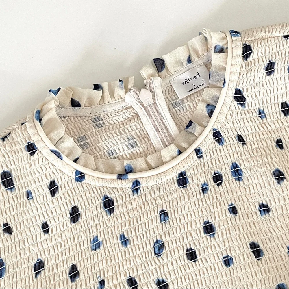Aritzia Cream Blouson Sleeve Smocked Top with Navy Dot Print - Picture 5 of 10
